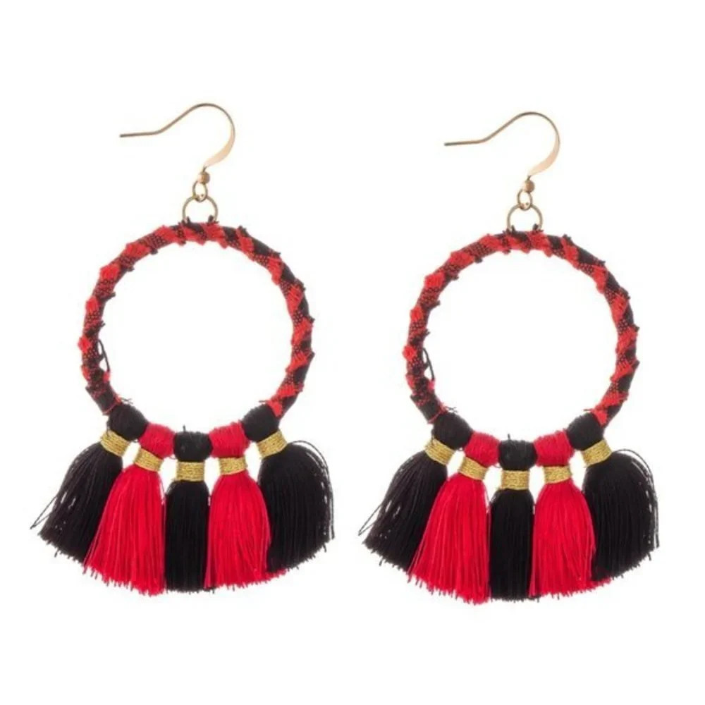 Boutique NWT Plaid Fabric Wrapped Tassel Drop Earrings game day